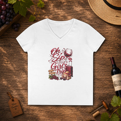 Oh Sip It's A Girl's Trip Personalized Ladies V-Neck Tee