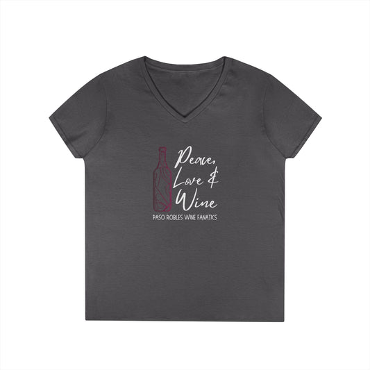 Peace, Love & Wine Bottle Ladies V-Neck Tee