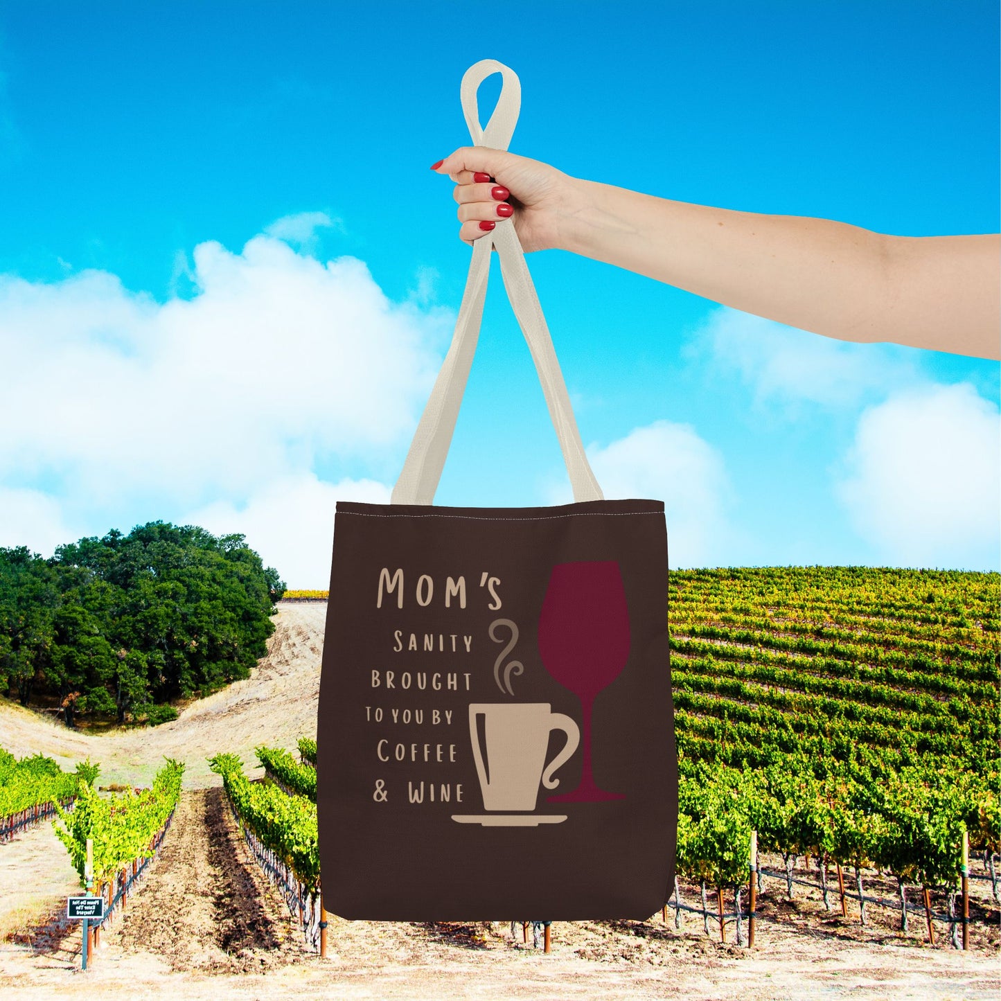 Mom's sanity brought to you by Coffee & Wine tote bag