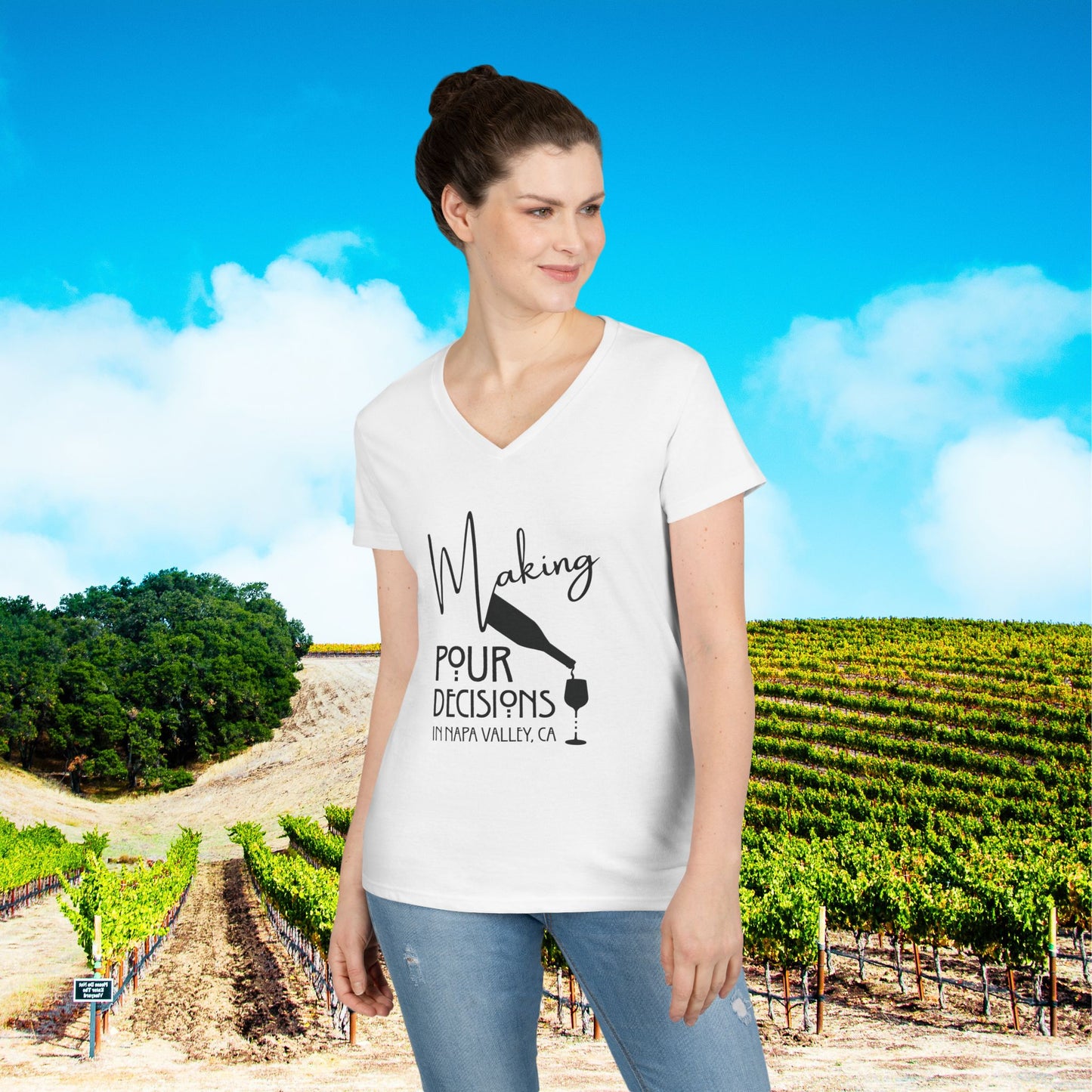 Making Pour Decisions in Napa Valley, CA Ladies' V-Neck Tee